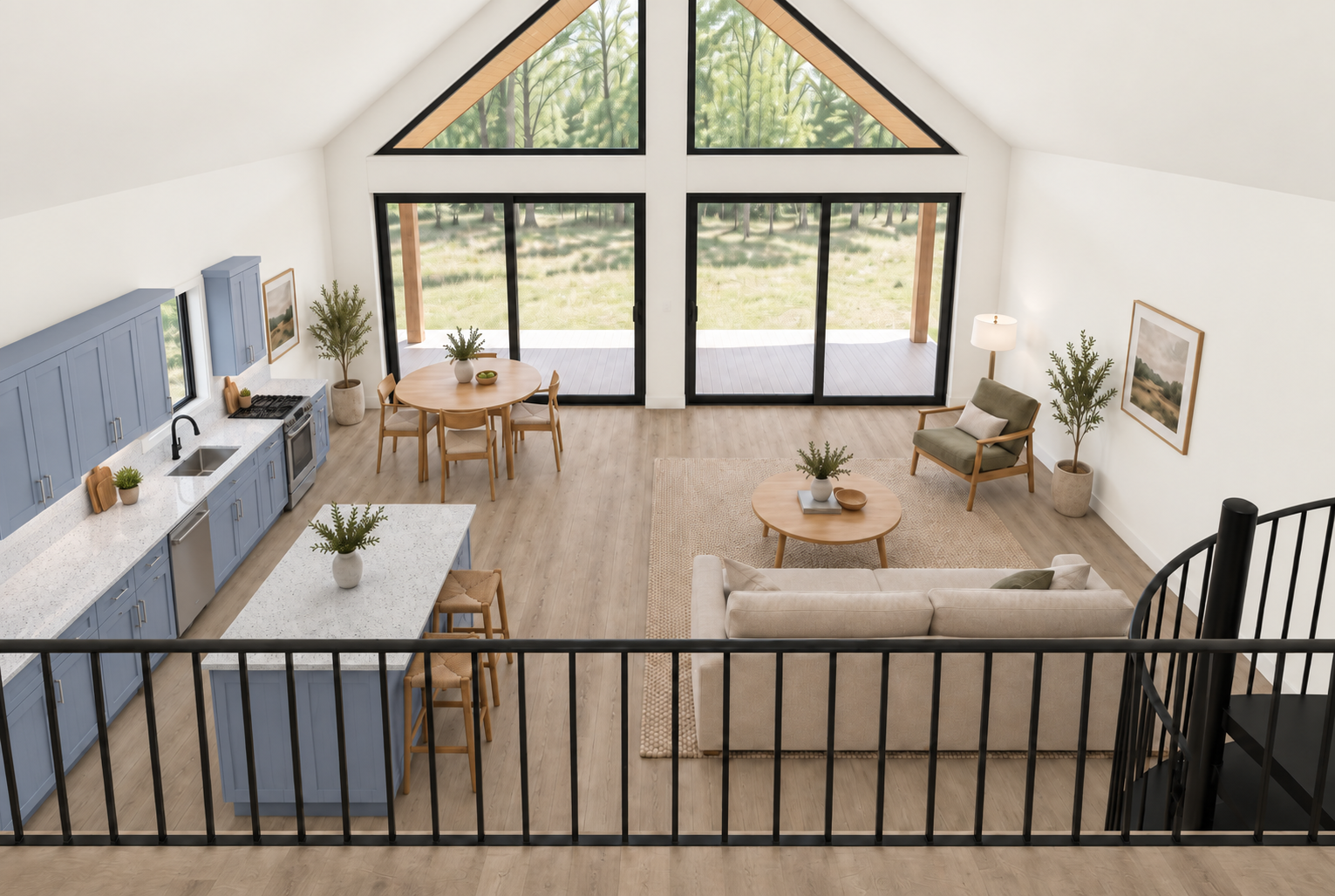 View of the Nordic great room from the loft