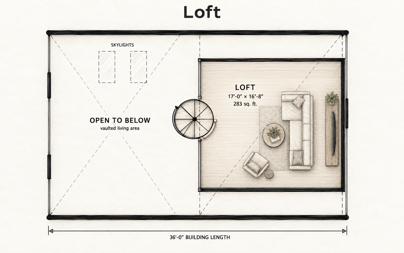 Nordic loft plan with a flexible loft room, spiral stair, skylights, and an open-to-below view into the living area.