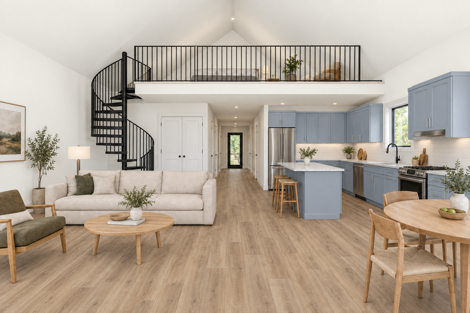 Nordic great room, kitchen, and loft