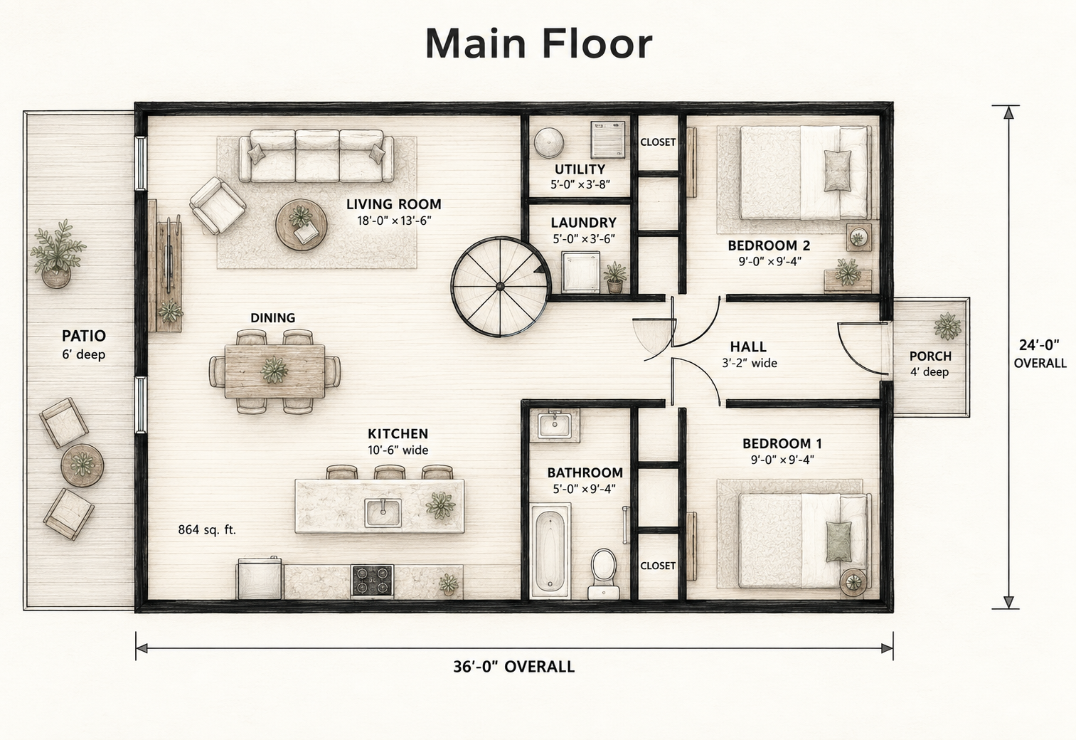 Nordic first-floor plan with an open living room, dining area, kitchen, two bedrooms, one bathroom, laundry, utility room, patio, and front porch.